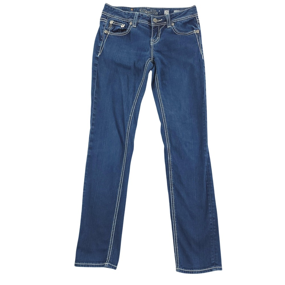 Miss Me Jeans Womens 25 Blue Dark Wash Low Rise Easy Skinny Rhinestone Denim